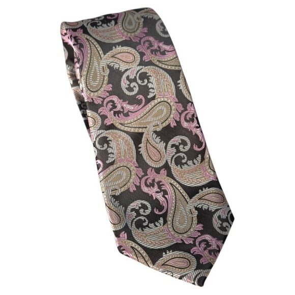 Montebello Italia Silk Tie‎ Brown Pink Paisley Floral Necktie Menswear - Picture 1 of 4